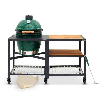 Gril na dřevěné uhlí M 38 cm,  + pojízdný stůl + ConvEGGtor + pohrabáč, zelená, Big Green Egg