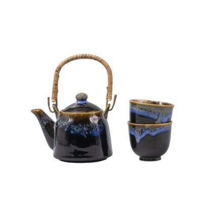 Čajová souprava BLACK BRIGHT BLUE, sada 3 ks, černá, keramika, MIJ